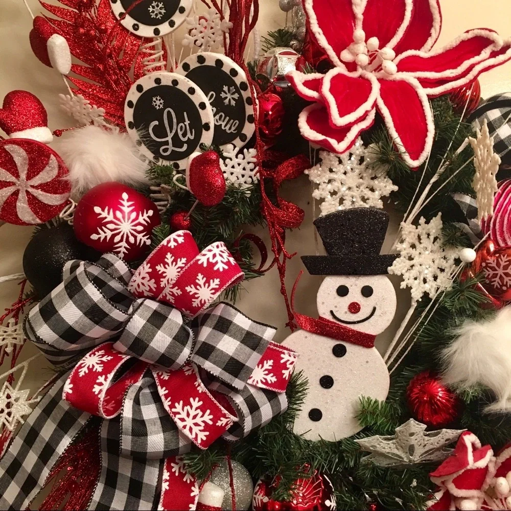 New Floral Designer Black Plaid Red White Poinsettia Snowman Christmas Wreath